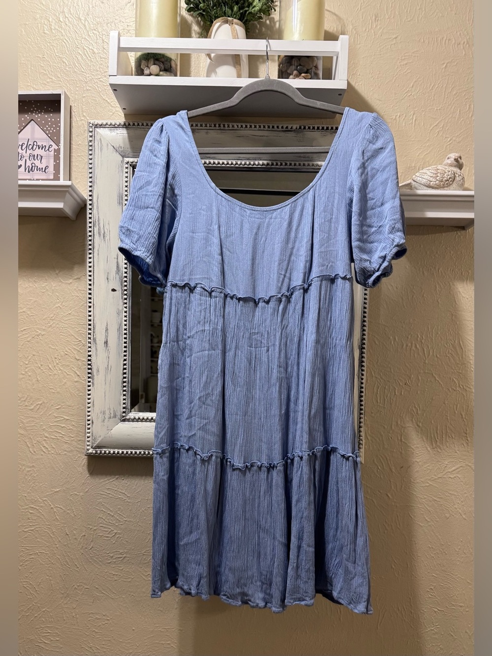 Altar'd State Blue Textured Tiered Babydoll Mini Dress Puff Sleeve Size L